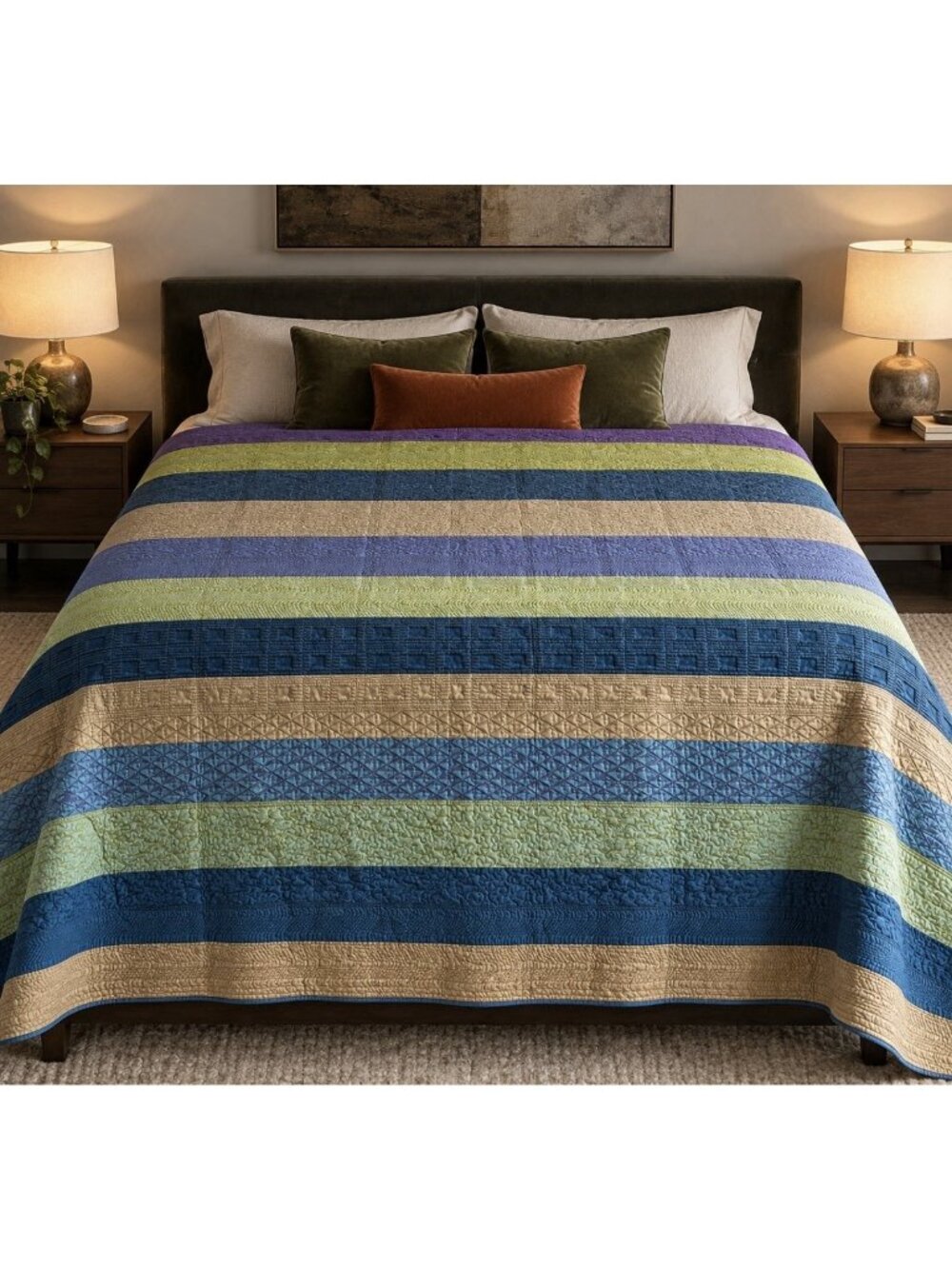 RAYMOND WAITES King Size Striped Metallic Quilted Bedspread Comforter